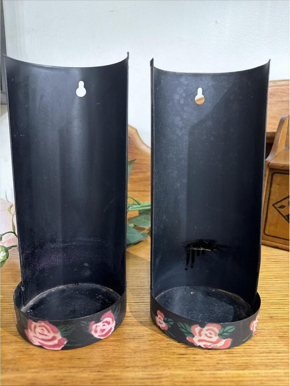 VTG Tin Wall Mount Candle Or Oil Lamp Holders Painted Pink roses Cottage Farm